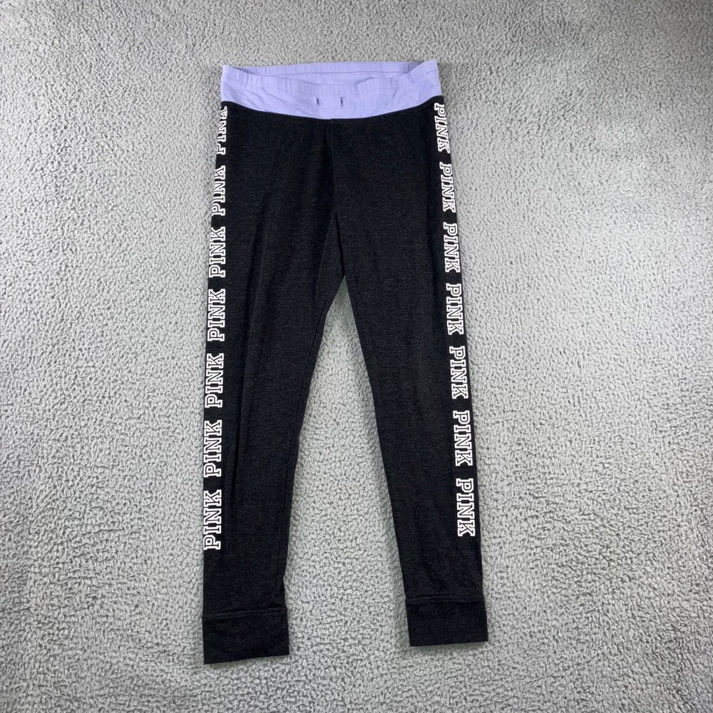 Victoria's Secret PINK Leggings Women Large Charcoal‎ Grey Logo Spellout Y2K